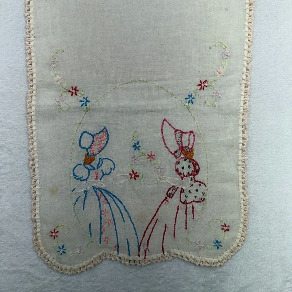 Vintage 35x10 Dresser Runner Hand Embroidered Floral Figures Cream Crochet Trim